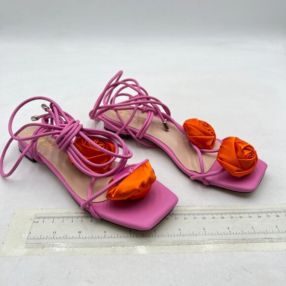 FOWT Purple Orange Flowers Open Toe Sandals Sexy Lace up Flats Dressy Shoes - Picture 4 of 8